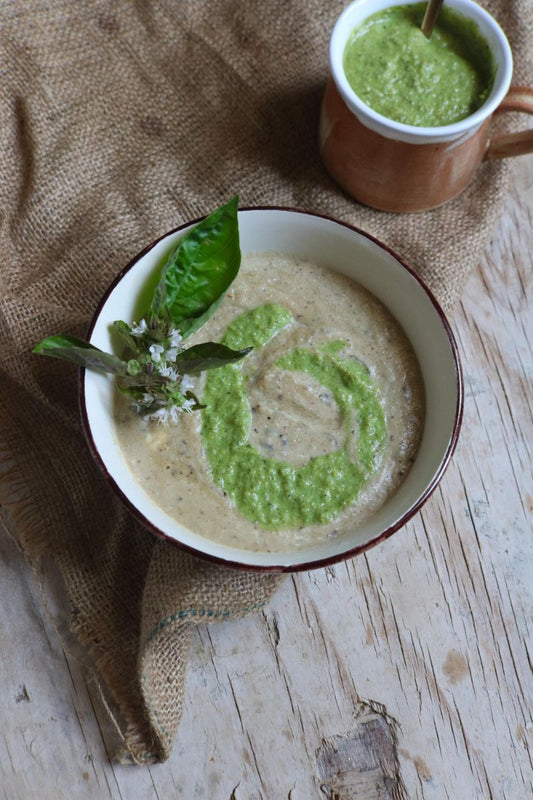 Eggplant Soup with Basil Pesto