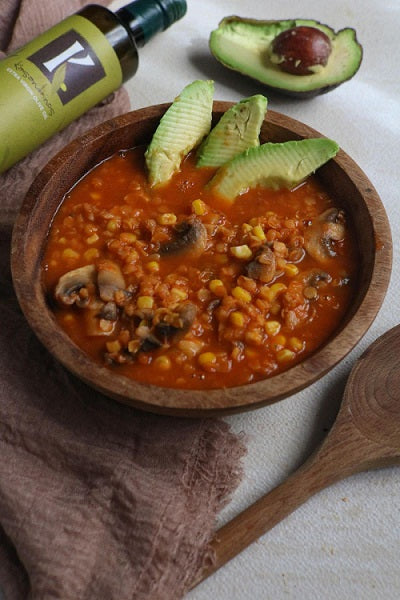 Mushroom Chowder with Corn and Red Lentils